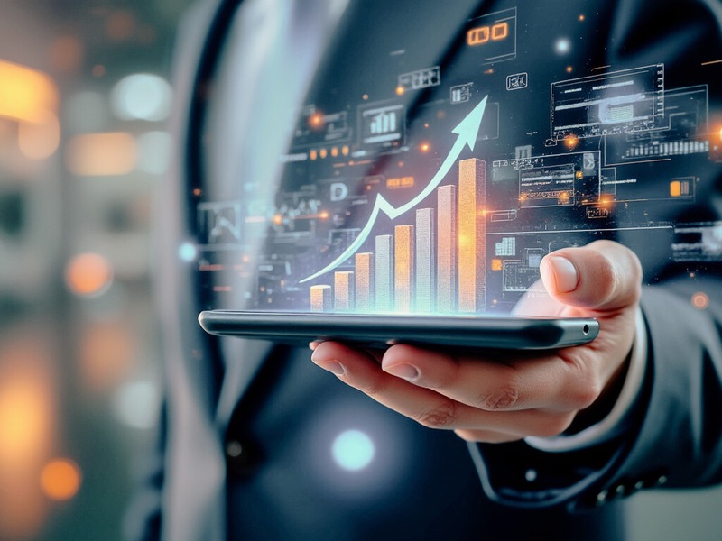 Holographic financial data and growth charts rising from a tablet