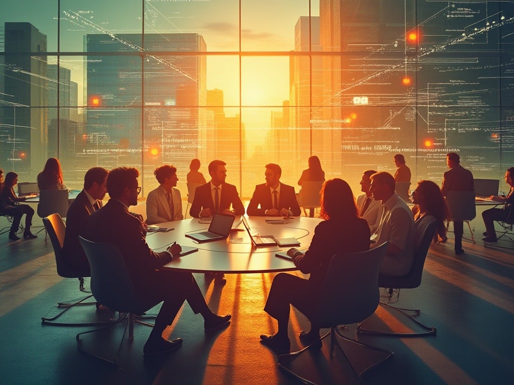 Executive team in a modern boardroom with data overlays at sunset